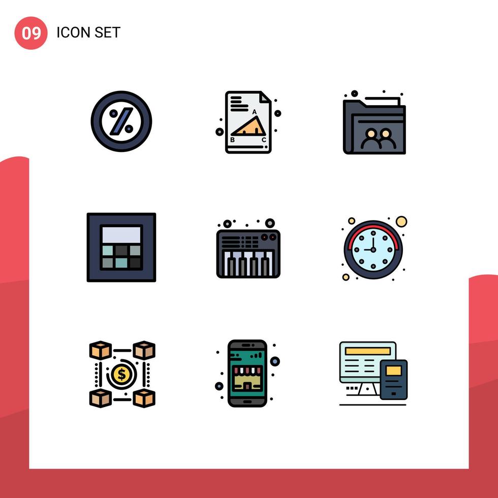 Set of 9 Vector Filledline Flat Colors on Grid for watch clock file sound music Editable Vector Design Elements