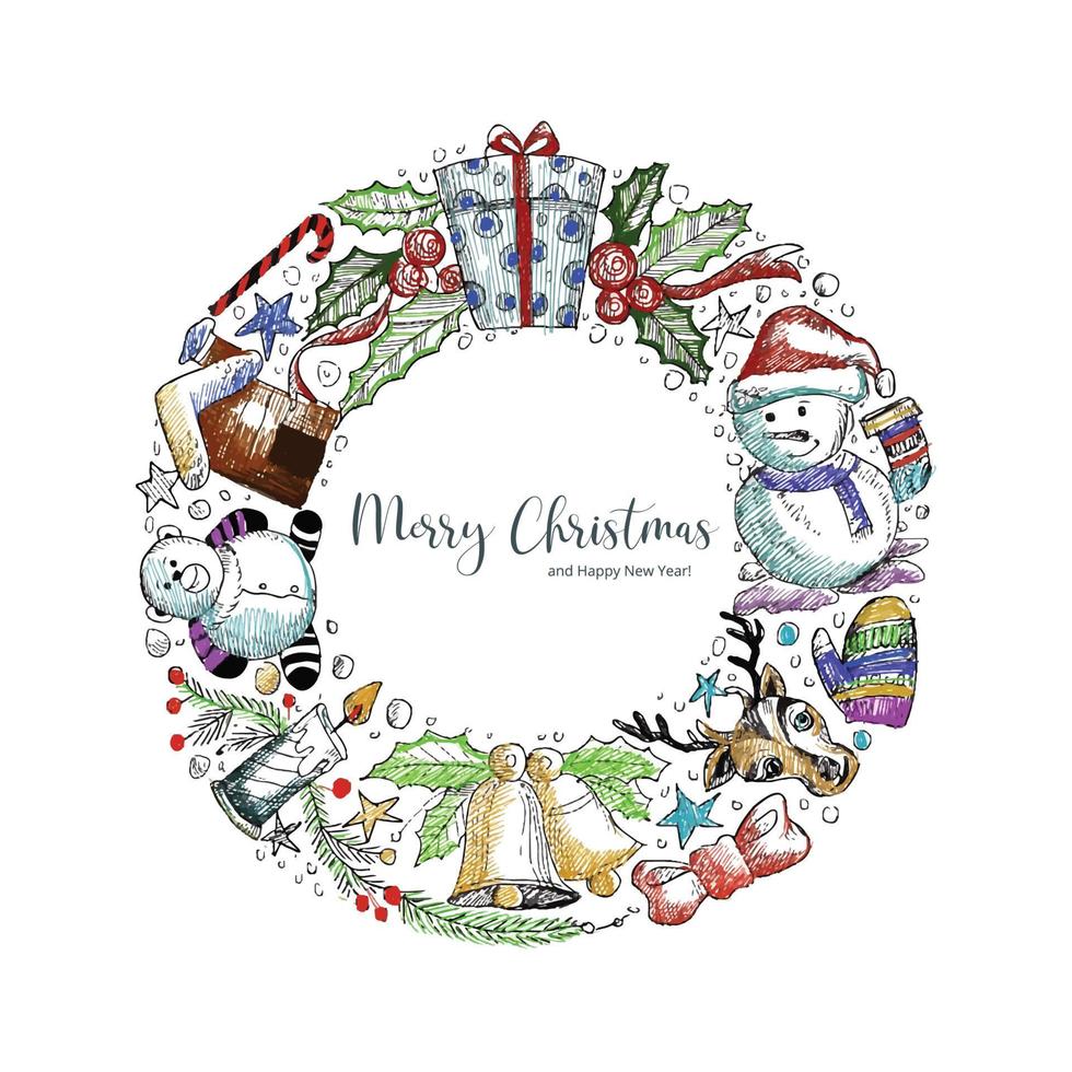 Hand draw circular christmas elements sketch holiday card background vector