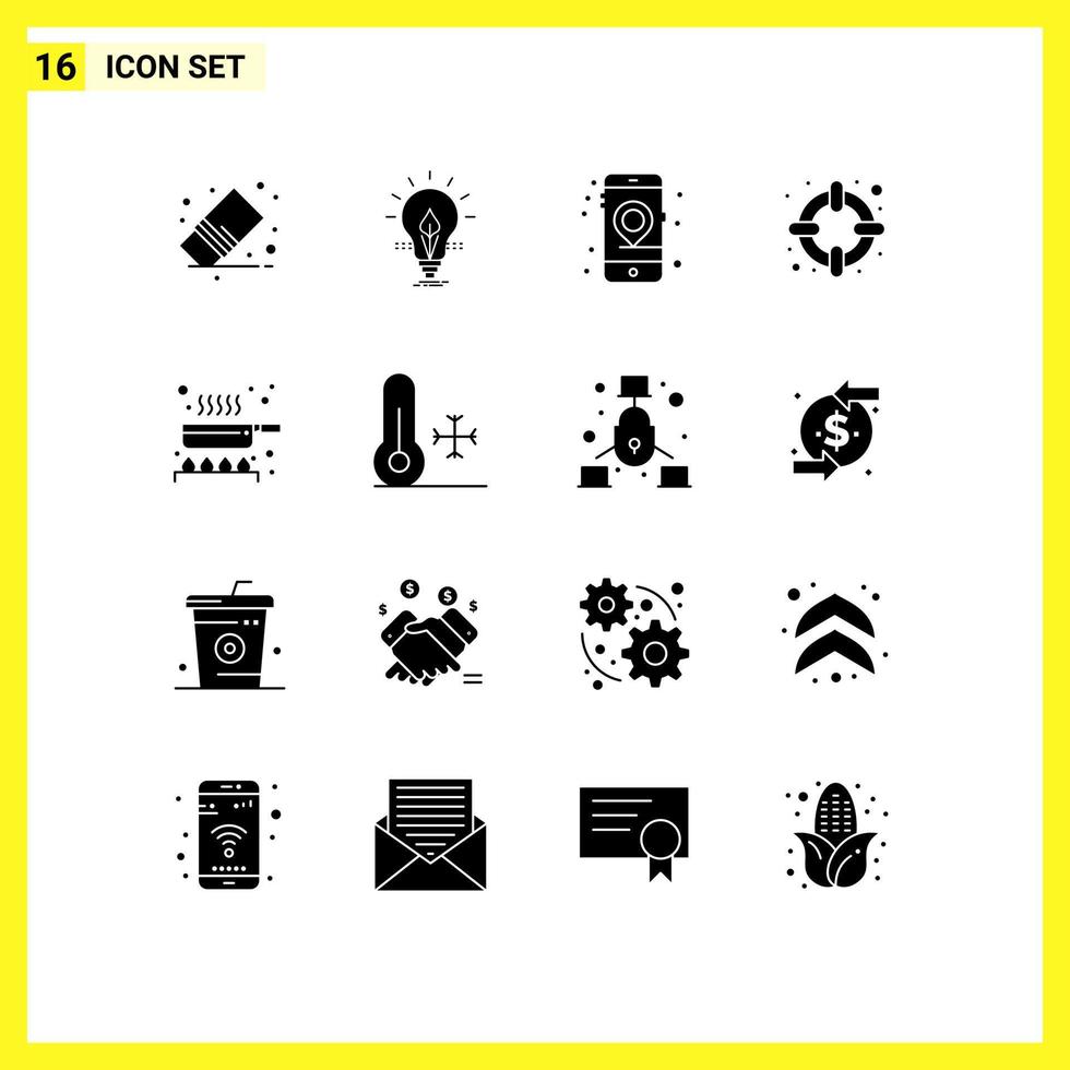 Set of 16 Commercial Solid Glyphs pack for cook lifesaver energy help mobile Editable Vector Design Elements