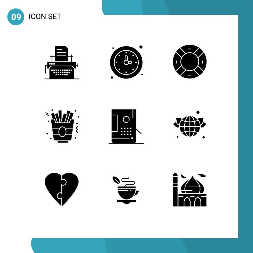 Editable Vector Line Pack of 9 Simple Solid Glyphs of coding french fries watch food ui Editable Vector Design Elements
