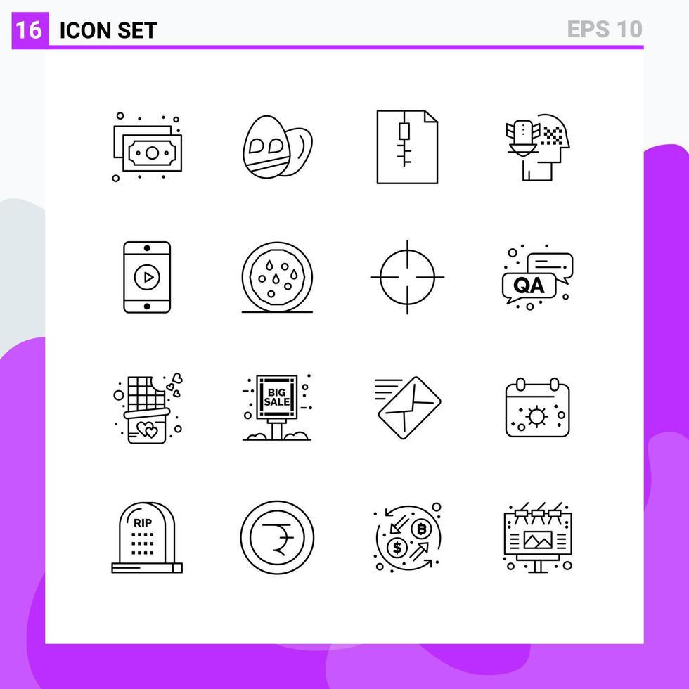 Modern Set of 16 Outlines and symbols such as healthy video zip phone security Editable Vector Design Elements