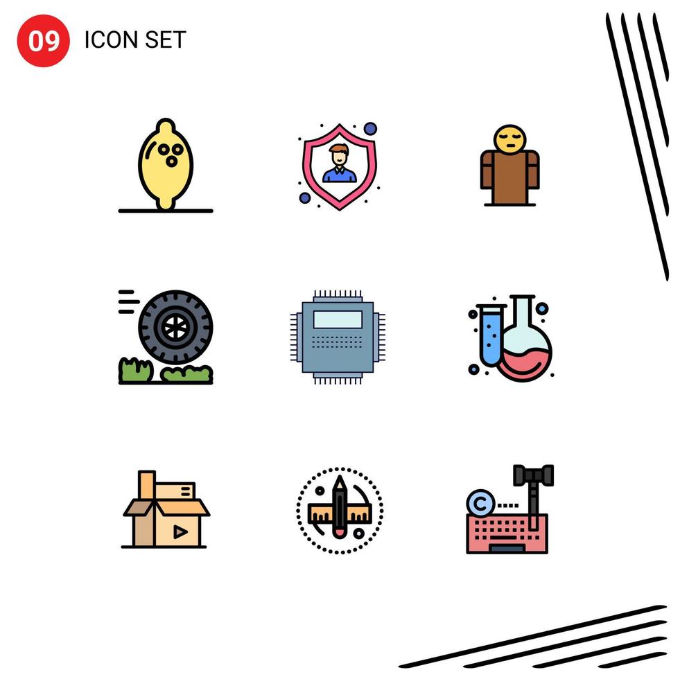 9 Thematic Vector Filledline Flat Colors and Editable Symbols of pc hardware hands processor motion Editable Vector Design Elements