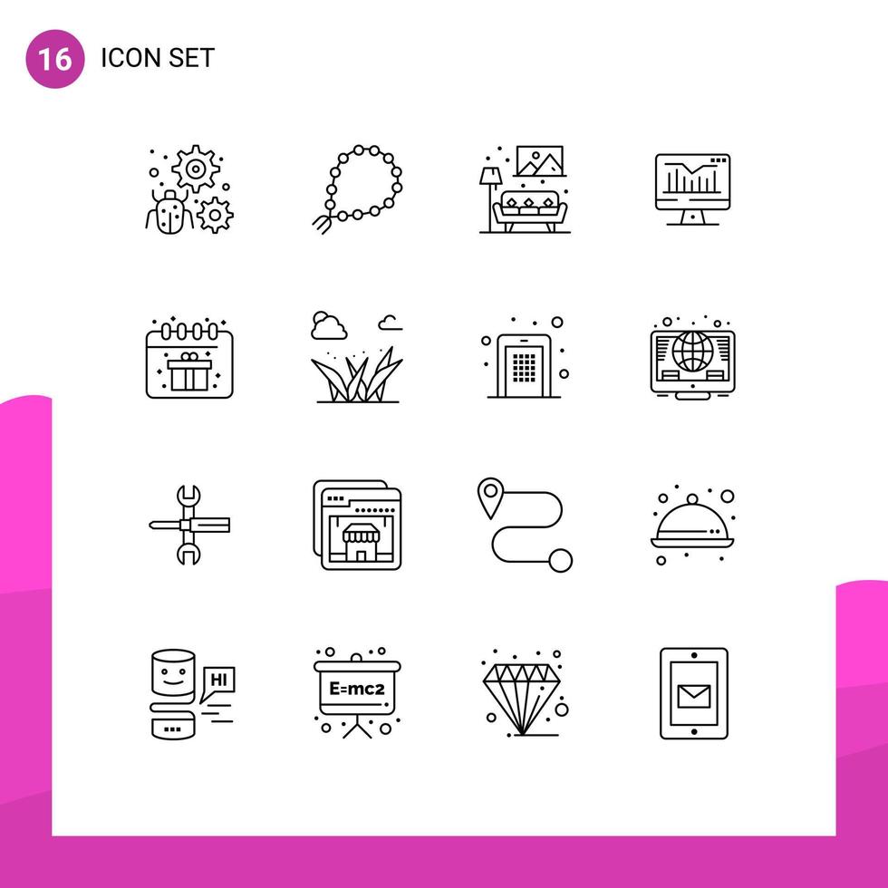 16 Universal Outlines Set for Web and Mobile Applications monitor static islam computer sofa Editable Vector Design Elements