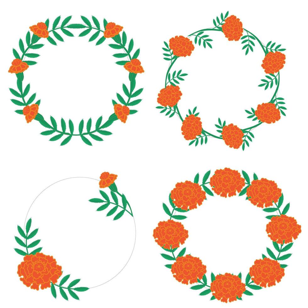 Set of wreaths of marigold flowers. Vector illustration isolated on white background.