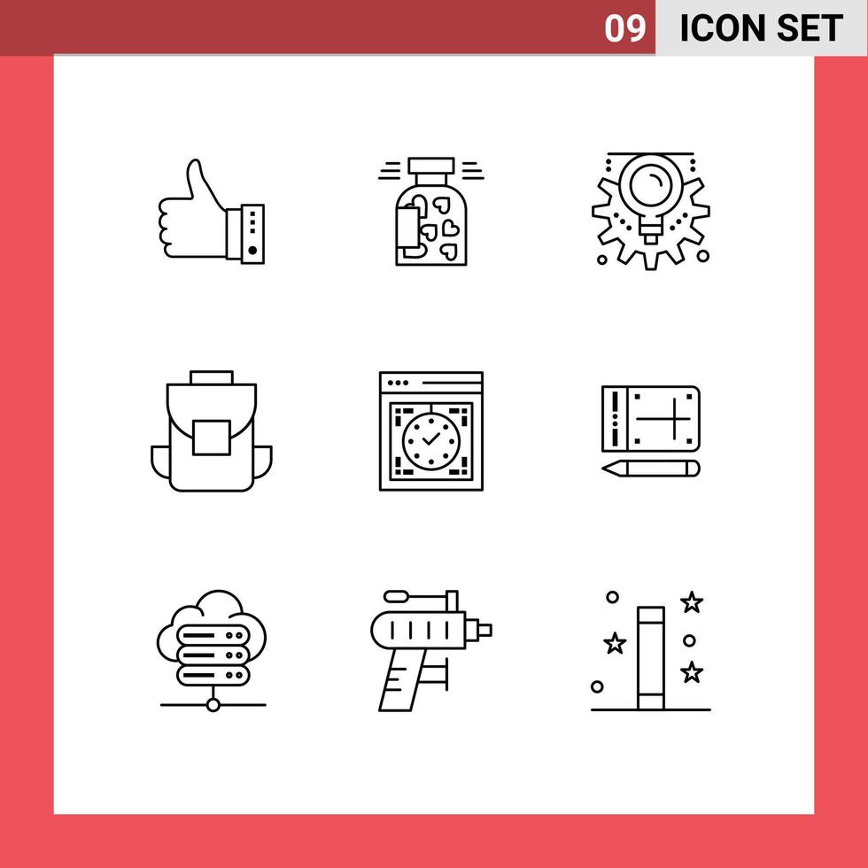 Group of 9 Modern Outlines Set for multimedia process bottle creative gear Editable Vector Design Elements