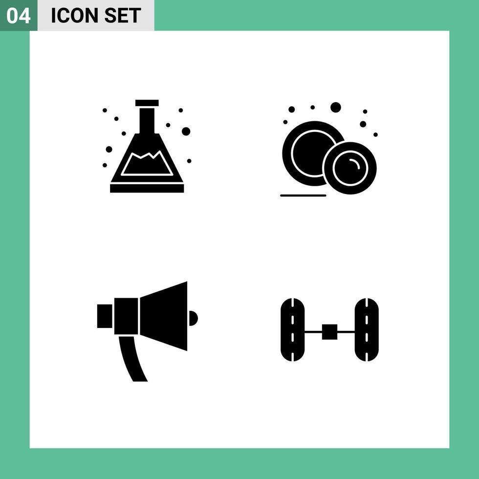 Set of 4 Commercial Solid Glyphs pack for acid announcement study food plate megaphone Editable Vector Design Elements
