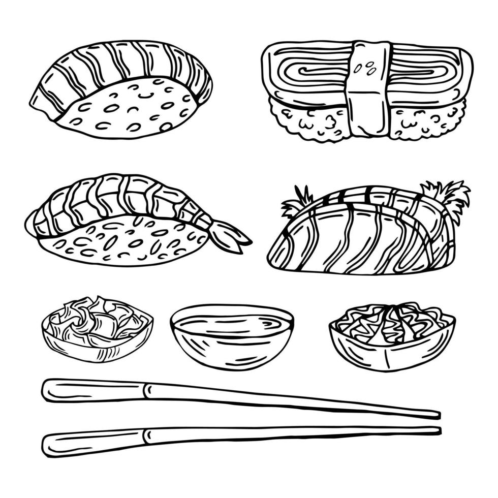 juego de sushi ilustración en blanco y negro. imágenes prediseñadas vectoriales vector