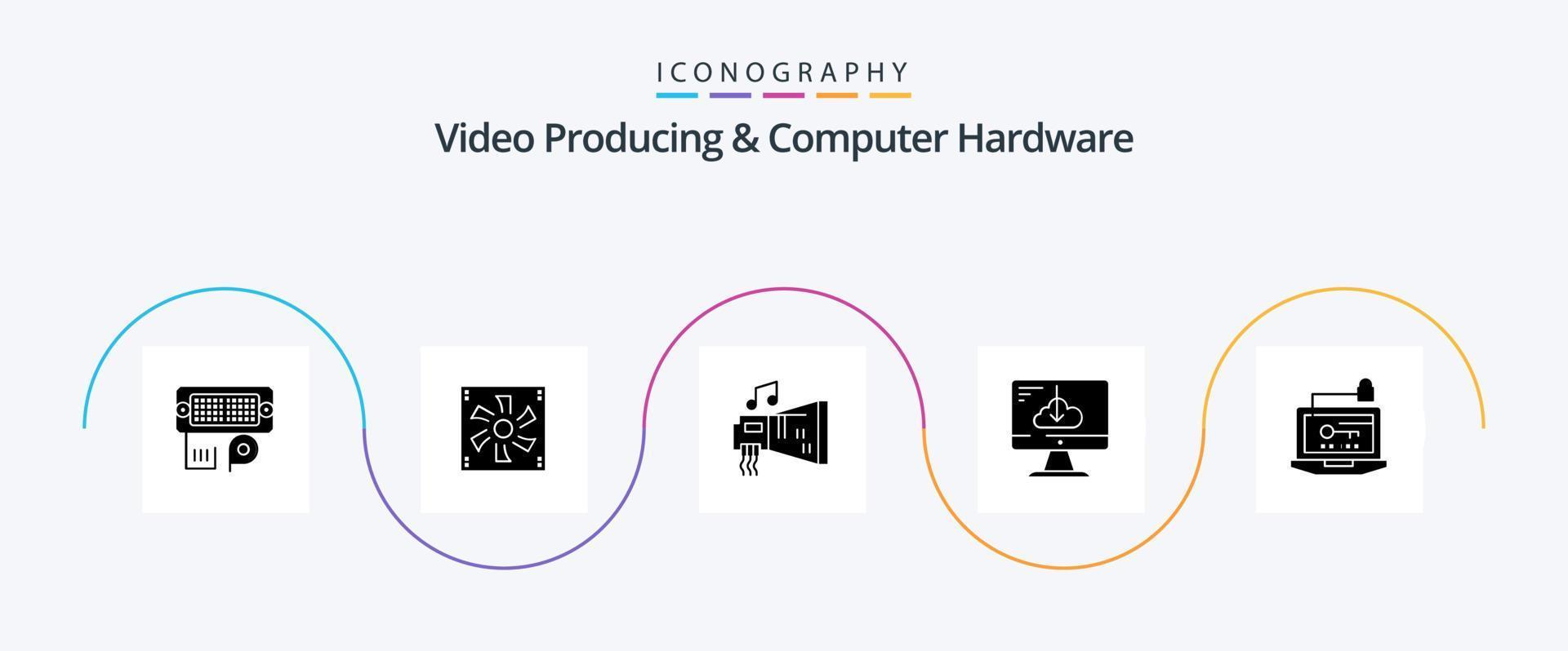 Video Producing And Computer Hardware Glyph 5 Icon Pack Including install. download. fan. cloud. hardware vector