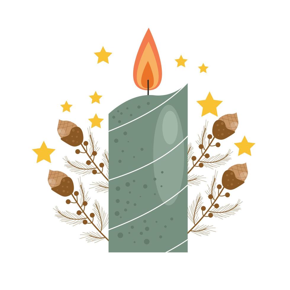 New year holiday card template design with candles, stars and flowers Vector flat icon illustration