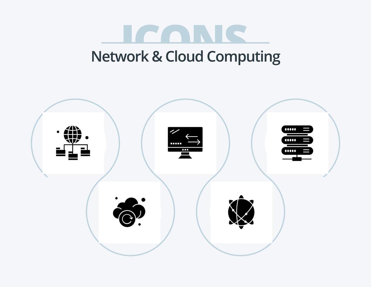 Network And Cloud Computing Glyph Icon Pack 5 Icon Design. data. technology. globe. arrows. cloud vector