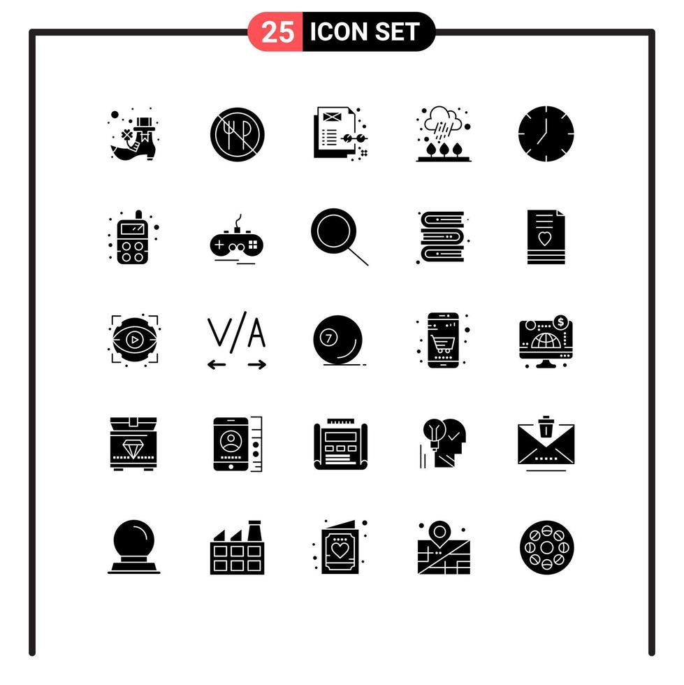 Group of 25 Solid Glyphs Signs and Symbols for multimedia media content clock rain Editable Vector Design Elements