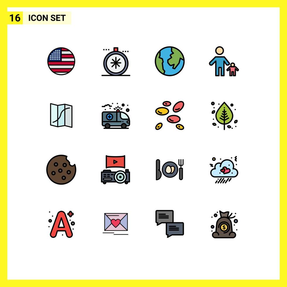Modern Set of 16 Flat Color Filled Lines and symbols such as navigation map world kid family Editable Creative Vector Design Elements