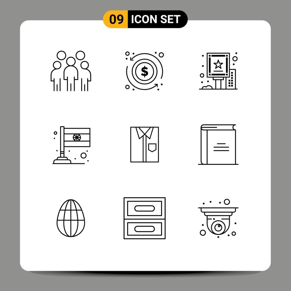 Modern Set of 9 Outlines and symbols such as cloth india money flag board Editable Vector Design Elements