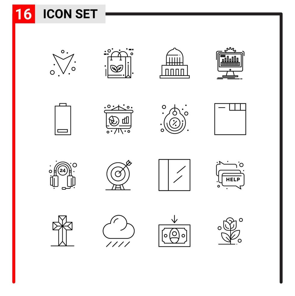Pack of 16 Modern Outlines Signs and Symbols for Web Print Media such as battery monitoring building monitor dashboard Editable Vector Design Elements