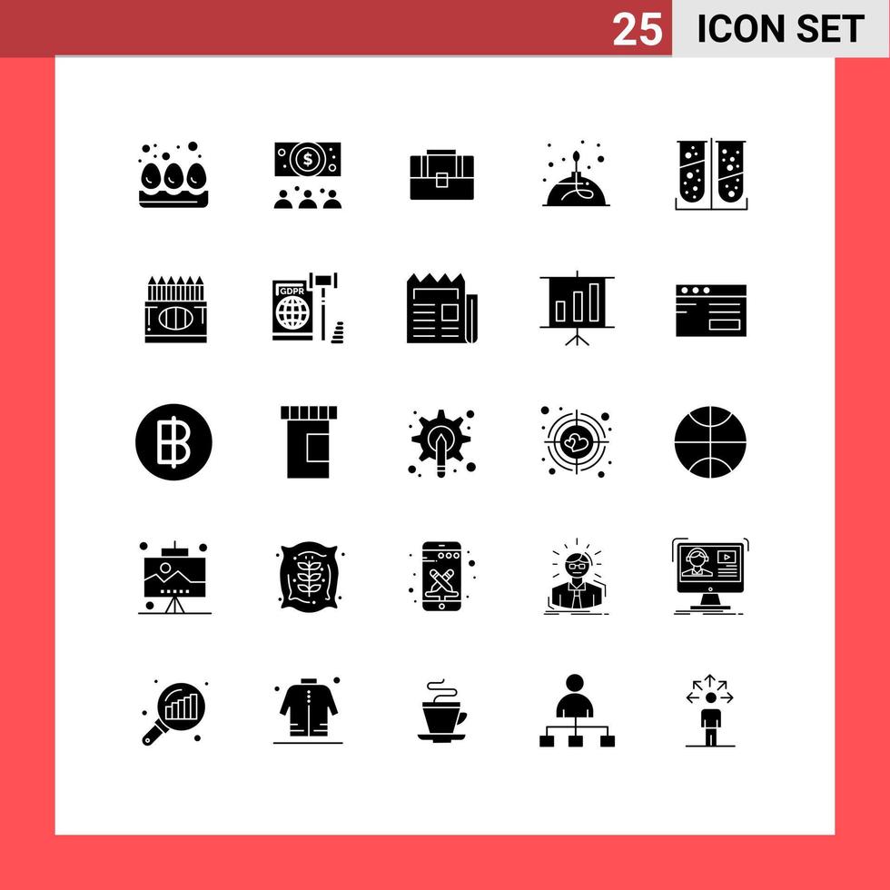 Group of 25 Modern Solid Glyphs Set for lab test apparatus case science fire Editable Vector Design Elements