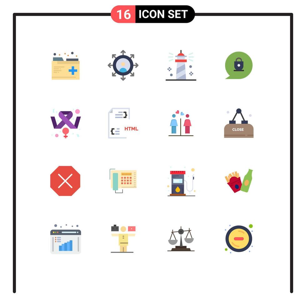 16 Thematic Vector Flat Colors and Editable Symbols of feminine awareness lighthouse locked chat Editable Pack of Creative Vector Design Elements