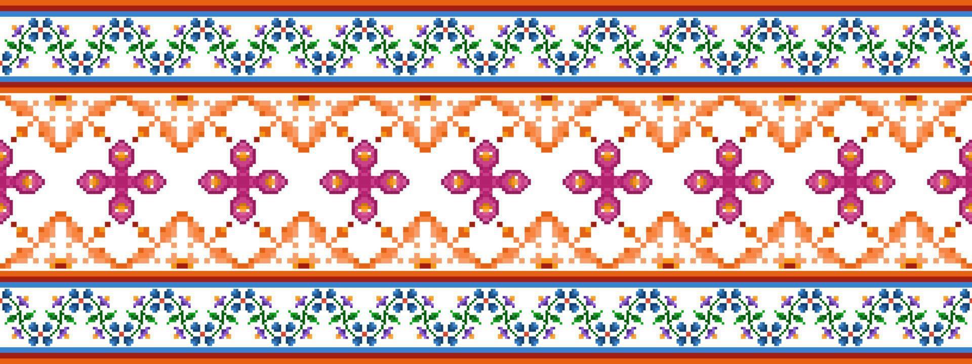 diseño de decoración de patrones sin fisuras étnicos ikat. alfombra de tela azteca boho mandalas decoración textil papel tapiz. adornos de motivos nativos tribales bordado tradicional estilo de píxel de fondo vectorial vector