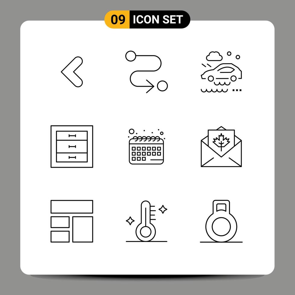 Universal Icon Symbols Group of 9 Modern Outlines of schedule appointment car interior cabinets Editable Vector Design Elements