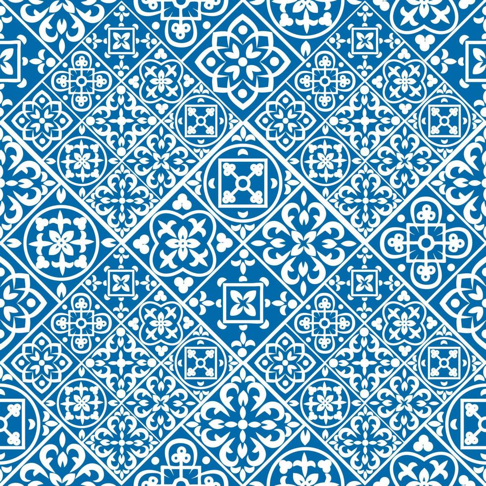 Portuguese seamless pattern with azulejo tiles. Gorgeous seamless patchwork pattern from colorful Moroccan tiles, ornaments vector