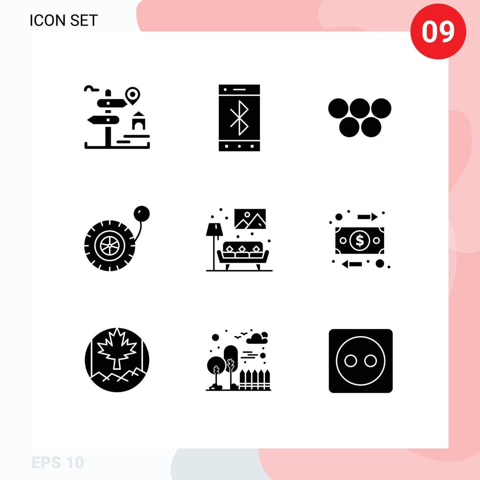 9 Universal Solid Glyphs Set for Web and Mobile Applications living wheel wireless pump olympic games Editable Vector Design Elements