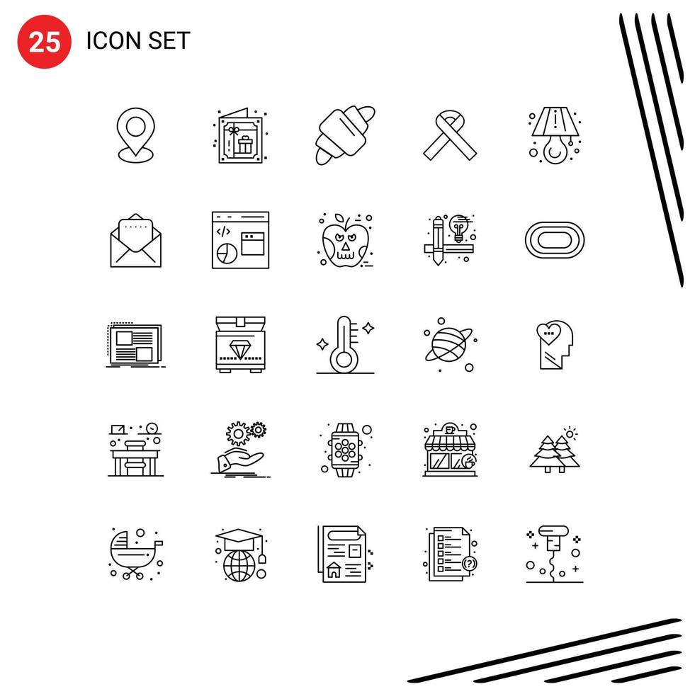pictograma conjunto de 25 sencillo líneas de mesa lámpara cuerno cáncer cinta editable vector diseño elementos