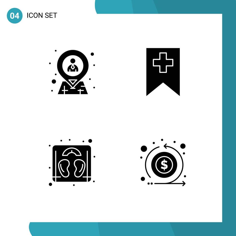 Mobile Interface Solid Glyph Set of 4 Pictograms of employee scale location plus cash Editable Vector Design Elements