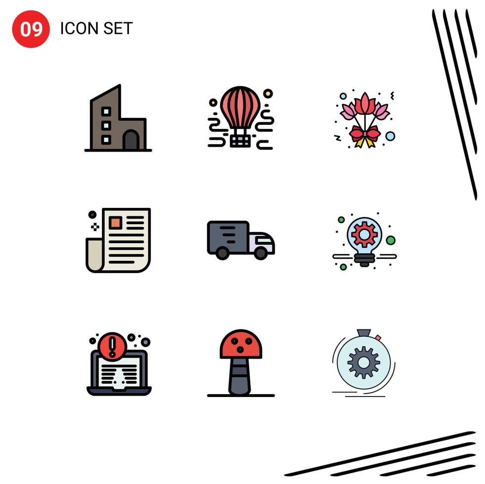 Mobile Interface Filledline Flat Color Set of 9 Pictograms of ui newspaper travel news rose Editable Vector Design Elements