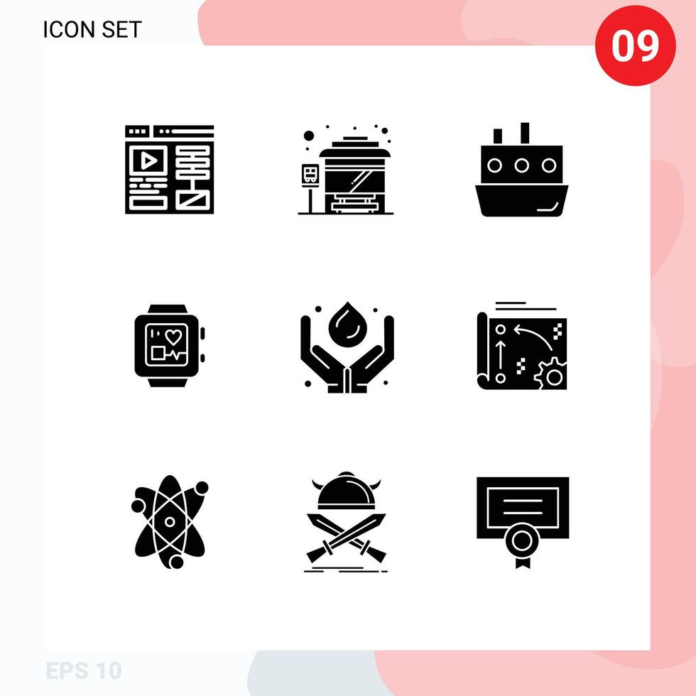 Set of 9 Modern UI Icons Symbols Signs for power green technology ship care handwatch Editable Vector Design Elements