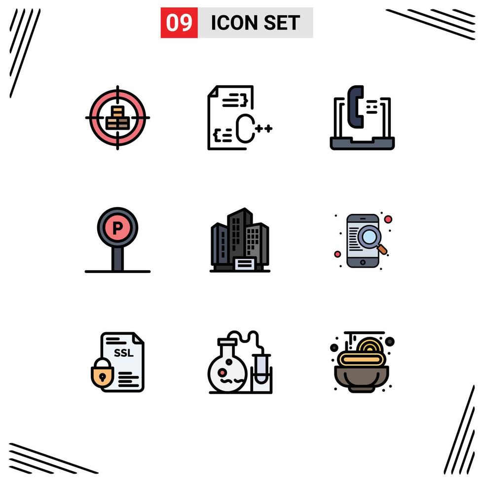 Group of 9 Modern Filledline Flat Colors Set for service hotel development service help Editable Vector Design Elements