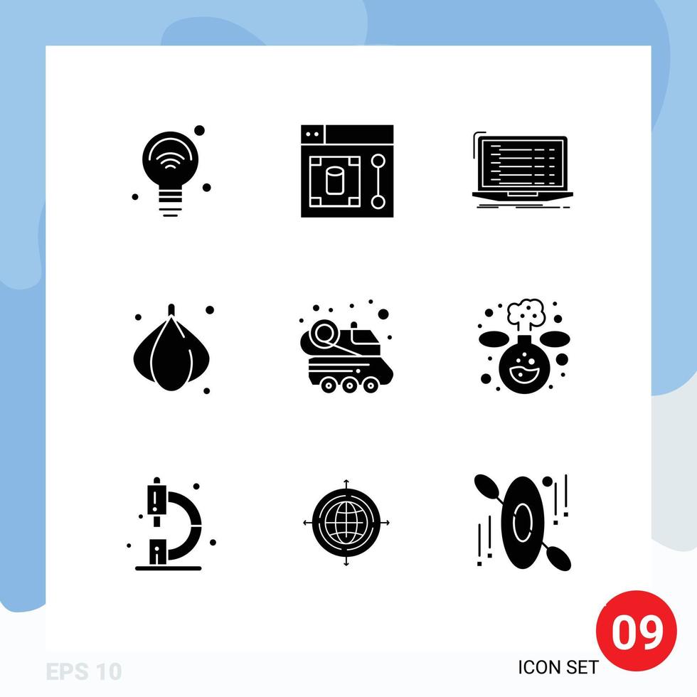9 Universal Solid Glyphs Set for Web and Mobile Applications automobile onion tool food developer Editable Vector Design Elements