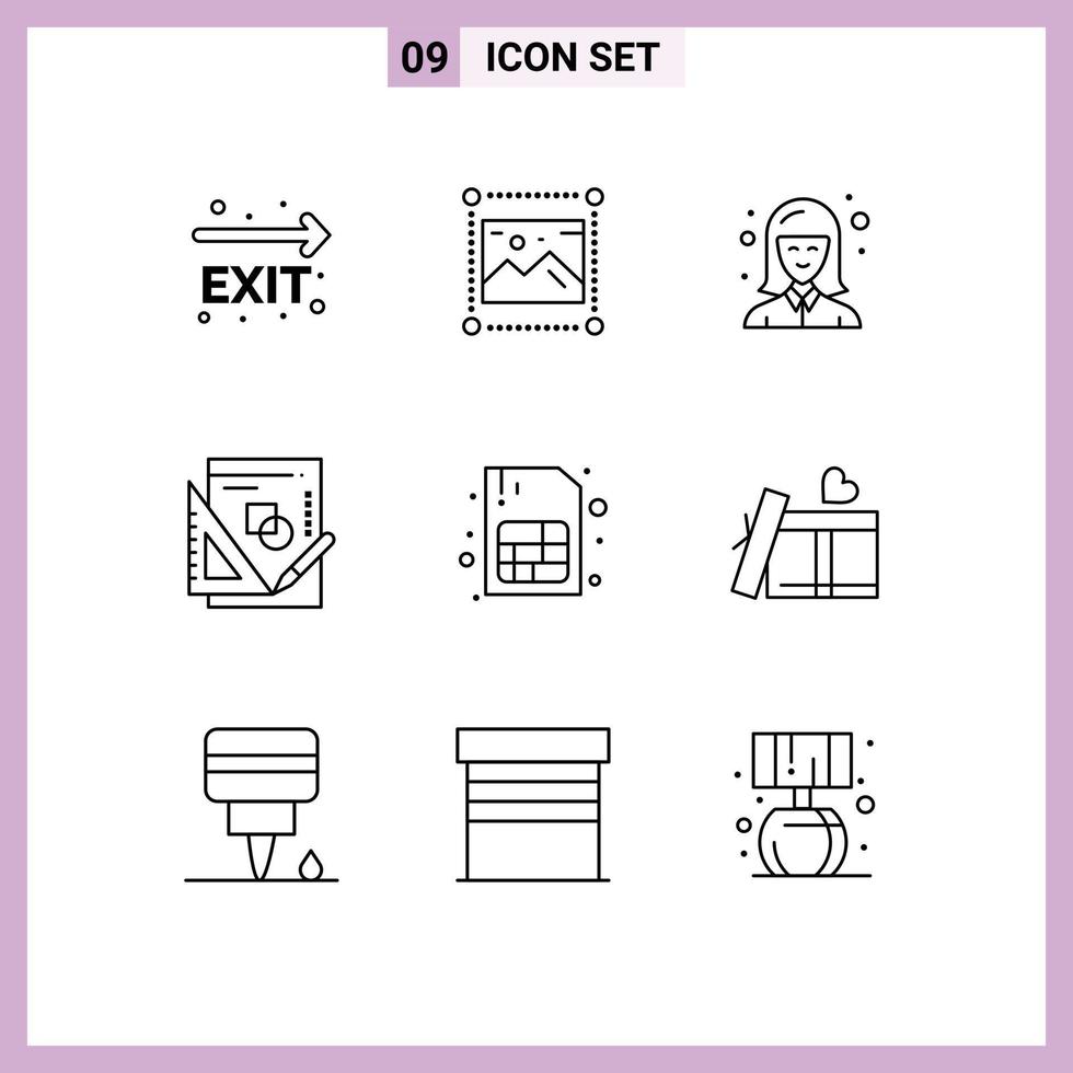 Set of 9 Commercial Outlines pack for card mathematics image maths woman Editable Vector Design Elements