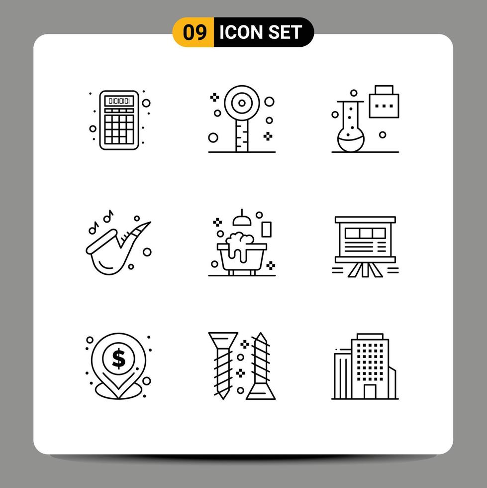 Group of 9 Outlines Signs and Symbols for bath play expansion and innovation music science portfolio Editable Vector Design Elements