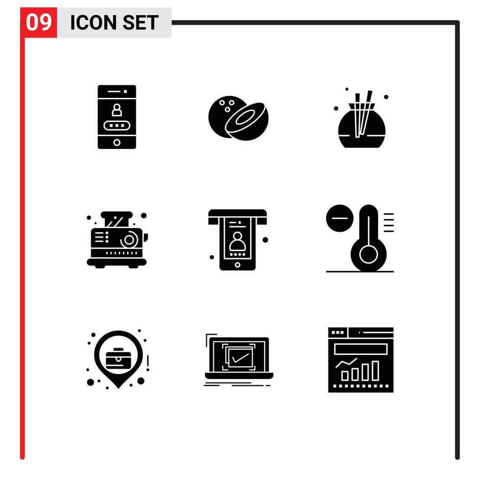 Modern Set of 9 Solid Glyphs Pictograph of climate phone scent calls toaster Editable Vector Design Elements