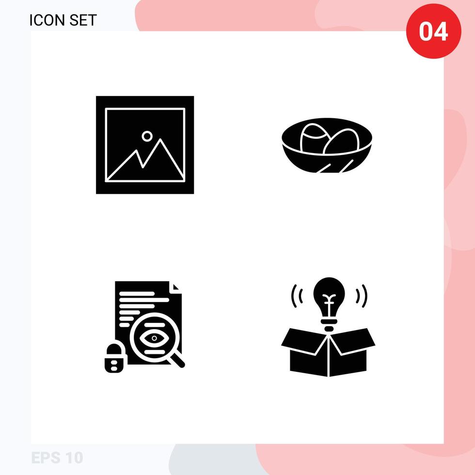 Solid Glyph Pack of 4 Universal Symbols of image search bowl egg surveillance Editable Vector Design Elements