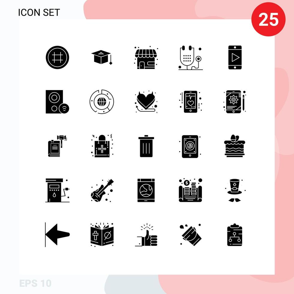 25 User Interface Solid Glyph Pack of modern Signs and Symbols of play medicine market store health fitness Editable Vector Design Elements