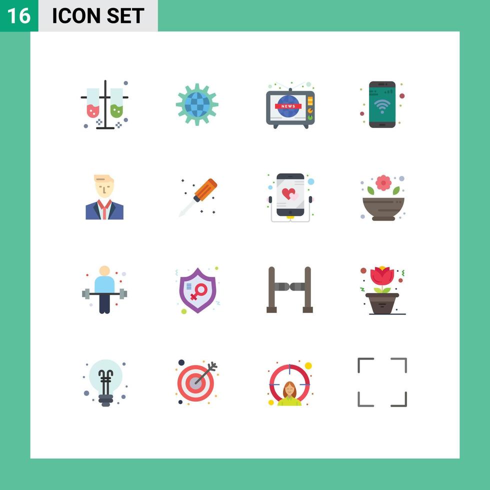 Group of 16 Flat Colors Signs and Symbols for phone app gear world wide television Editable Pack of Creative Vector Design Elements