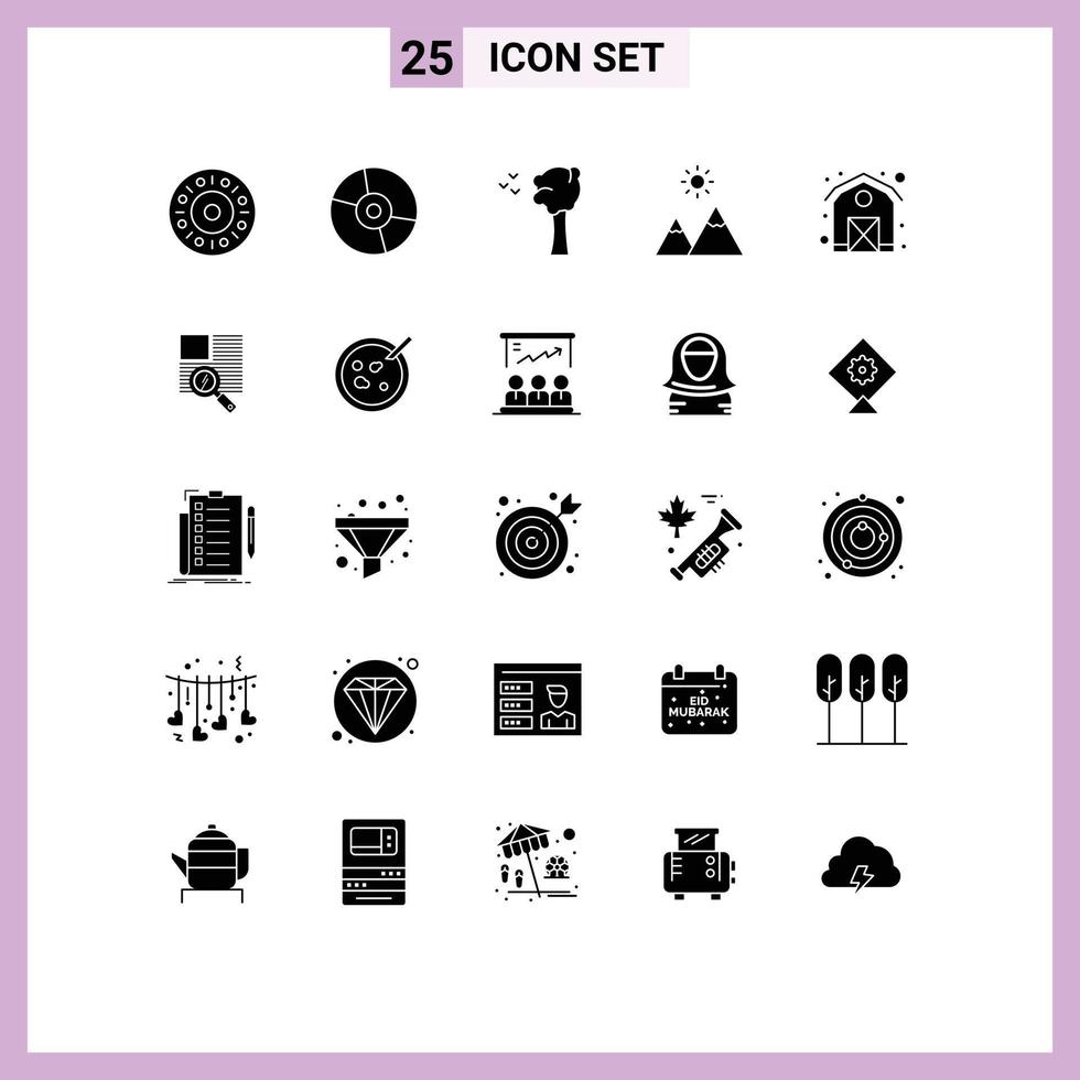 Editable Vector Line Pack of 25 Simple Solid Glyphs of farm agriculture arbor peak mountain Editable Vector Design Elements