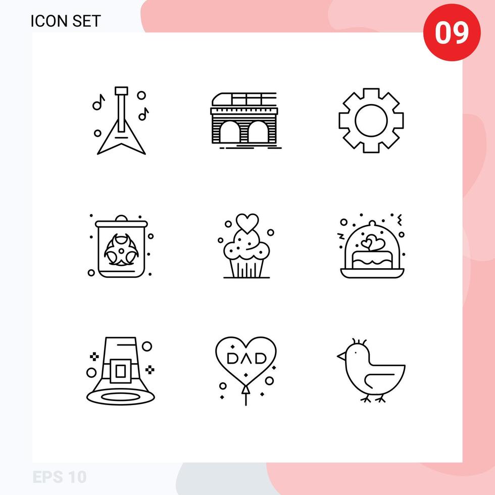 9 Universal Outlines Set for Web and Mobile Applications muffins cake gear waste gas Editable Vector Design Elements