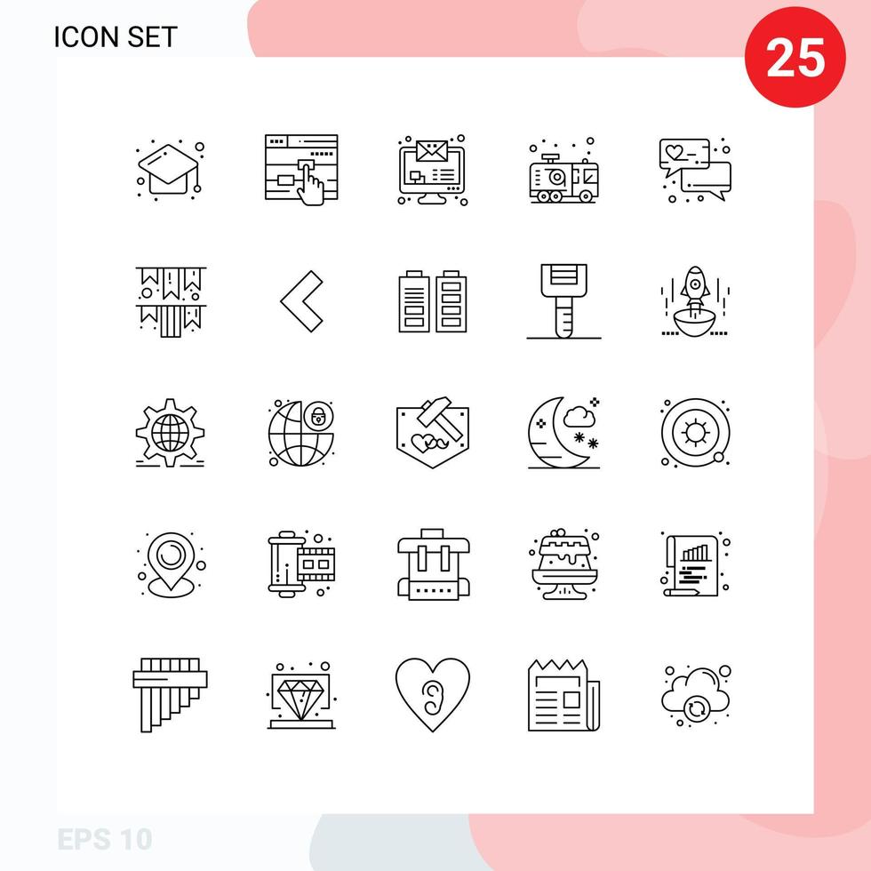 25 User Interface Line Pack of modern Signs and Symbols of love message fireman imac firefighter emergency Editable Vector Design Elements