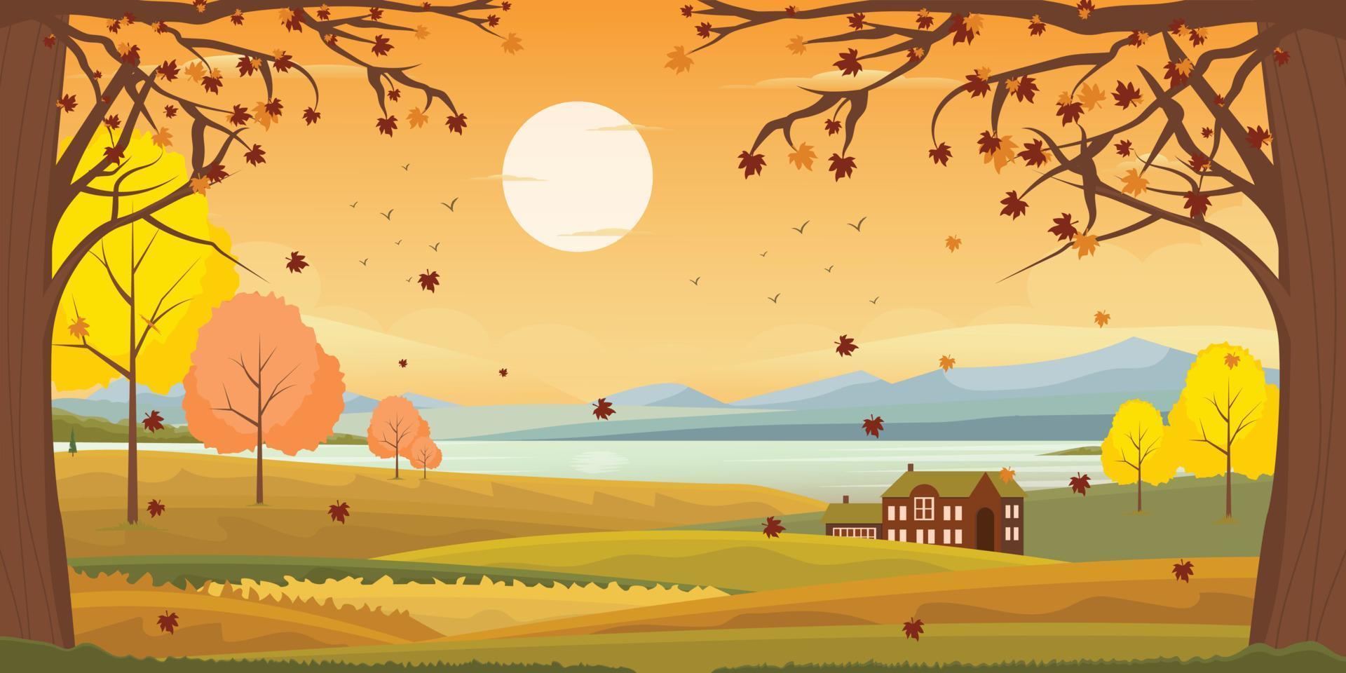 A scenic view in an autumn background, well-defined flat illustration vector