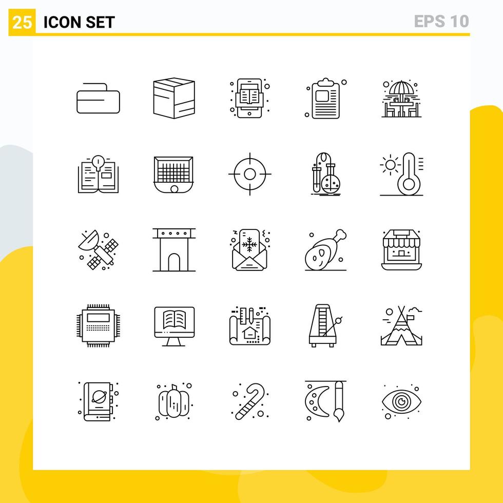 25 Universal Line Signs Symbols of sitting table drinking mobile chair clipboard Editable Vector Design Elements