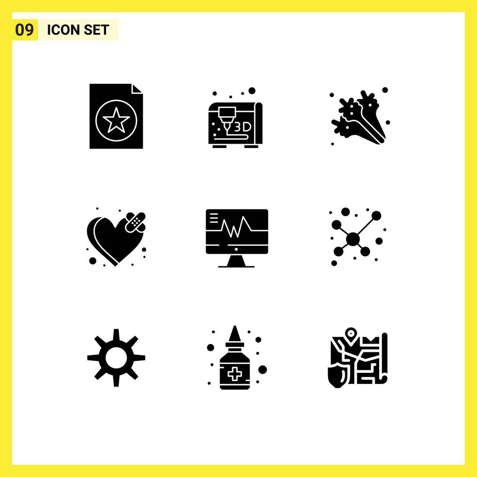 9 User Interface Solid Glyph Pack of modern Signs and Symbols of atom heart vegetables hospital heart Editable Vector Design Elements