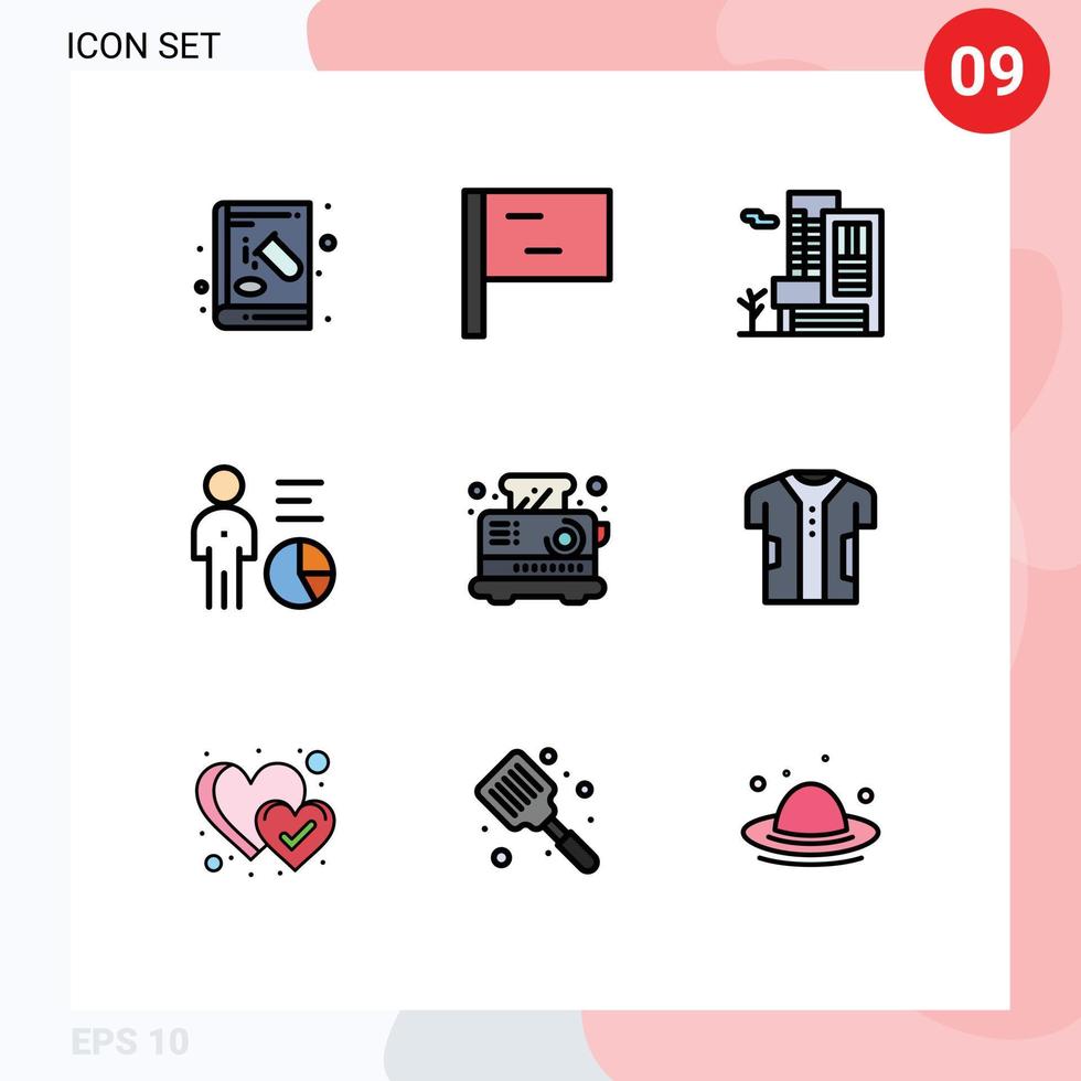 Pack of 9 creative Filledline Flat Colors of electrical person building management data Editable Vector Design Elements