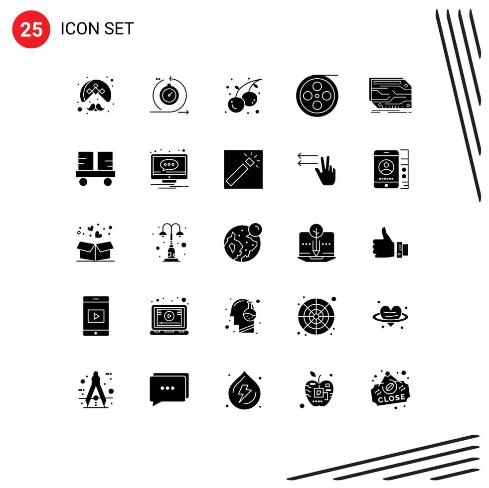 Mobile Interface Solid Glyph Set of 25 Pictograms of video film fast camera fruit Editable Vector Design Elements