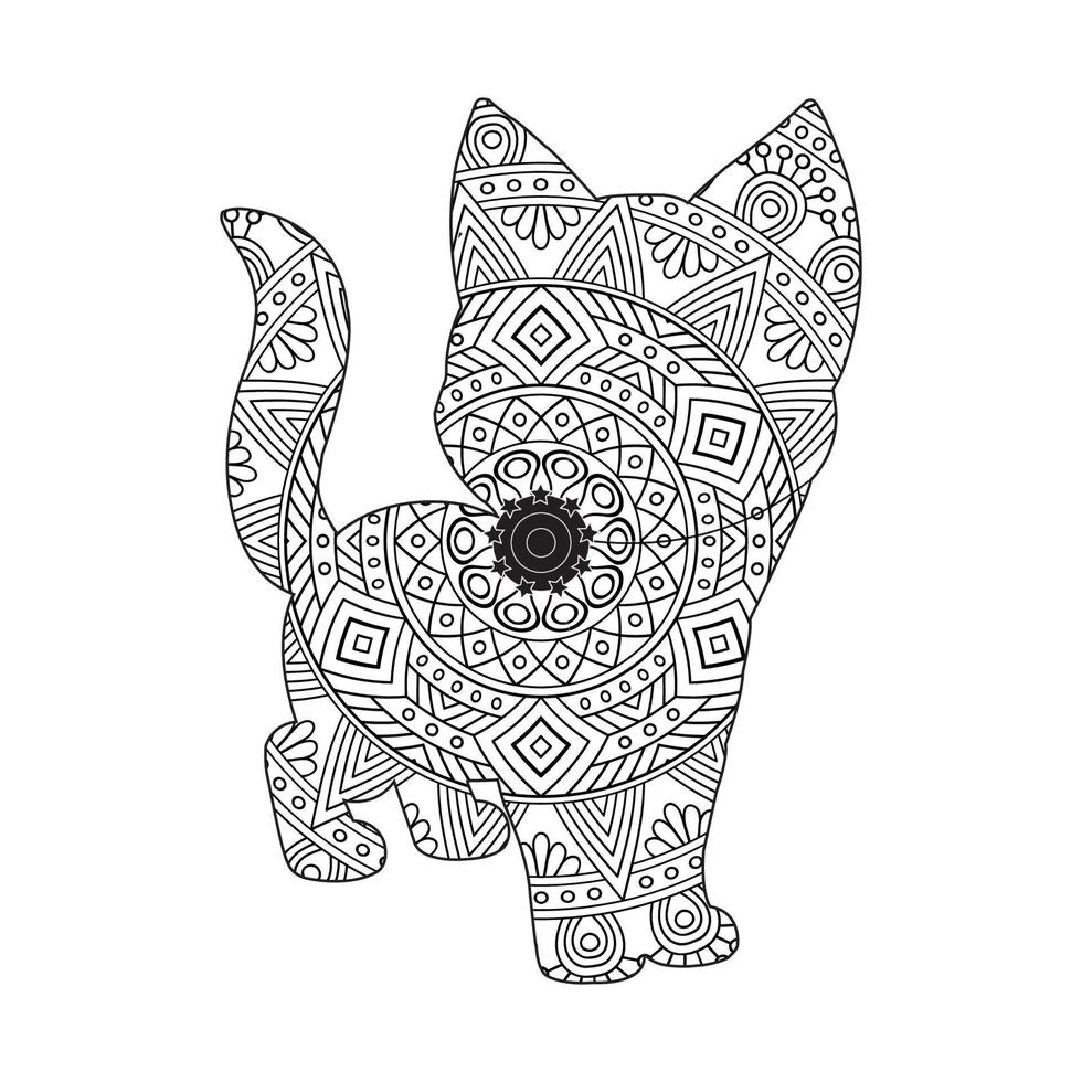 Cat Mandala Coloring Page for Adults Floral Animal Coloring Book Isolated on White Background Antistress Coloring Page Vector Illustration