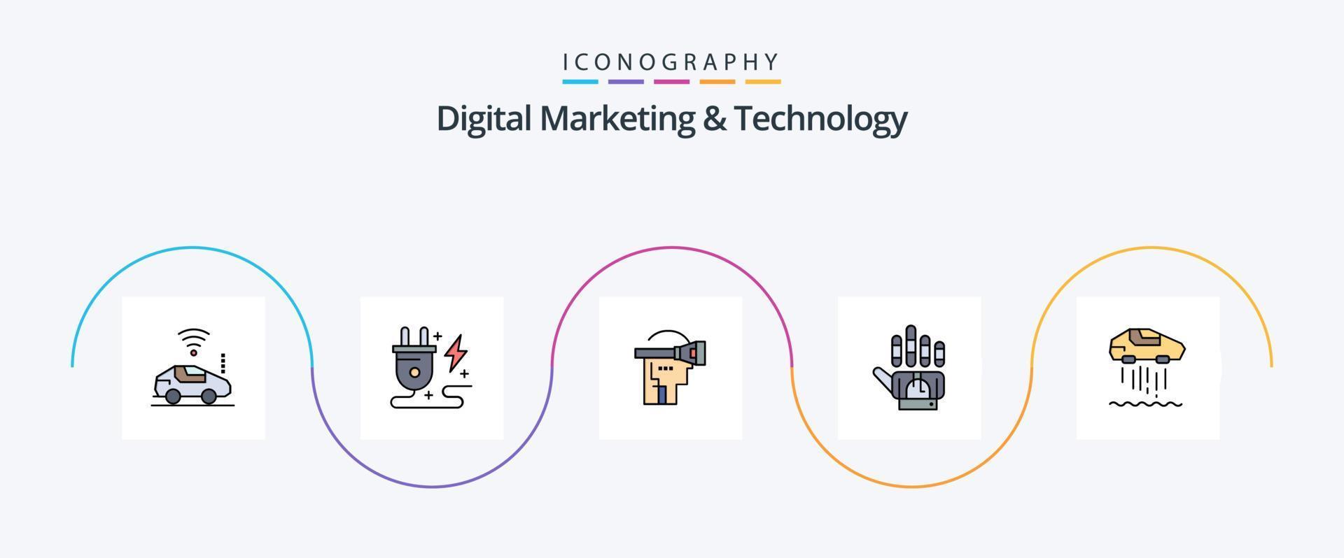 Digital Marketing And Technology Line Filled Flat 5 Icon Pack Including personal. technology. virtual. hand . tracking vector