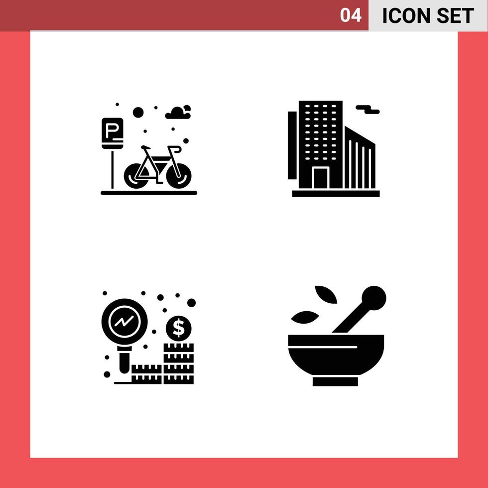 Pack of 4 creative Solid Glyphs of cycle finance road skyscraper research Editable Vector Design Elements