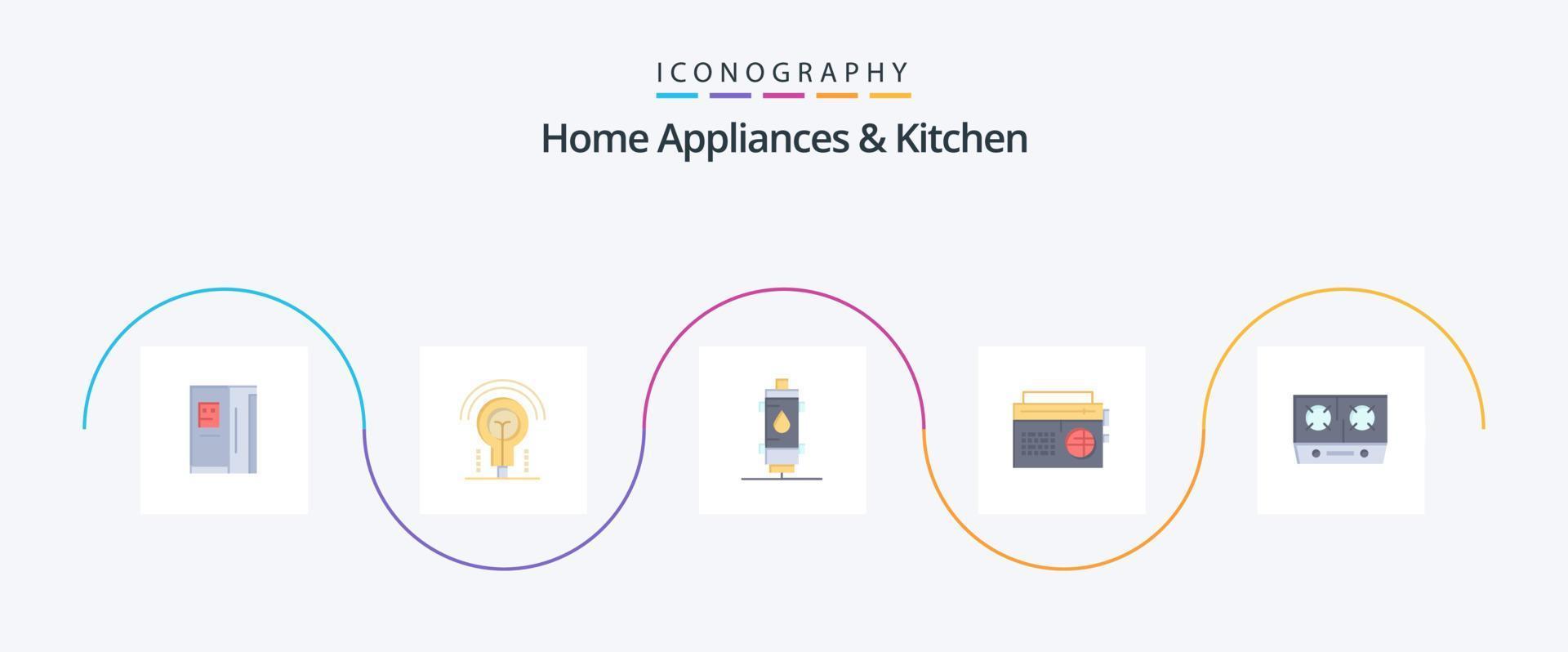 Home Appliances And Kitchen Flat 5 Icon Pack Including media. music. heater. radio. gas vector