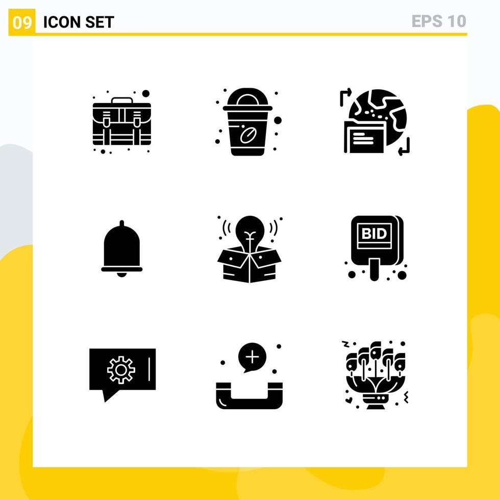 Set of 9 Vector Solid Glyphs on Grid for process sound gdpr notification alert Editable Vector Design Elements