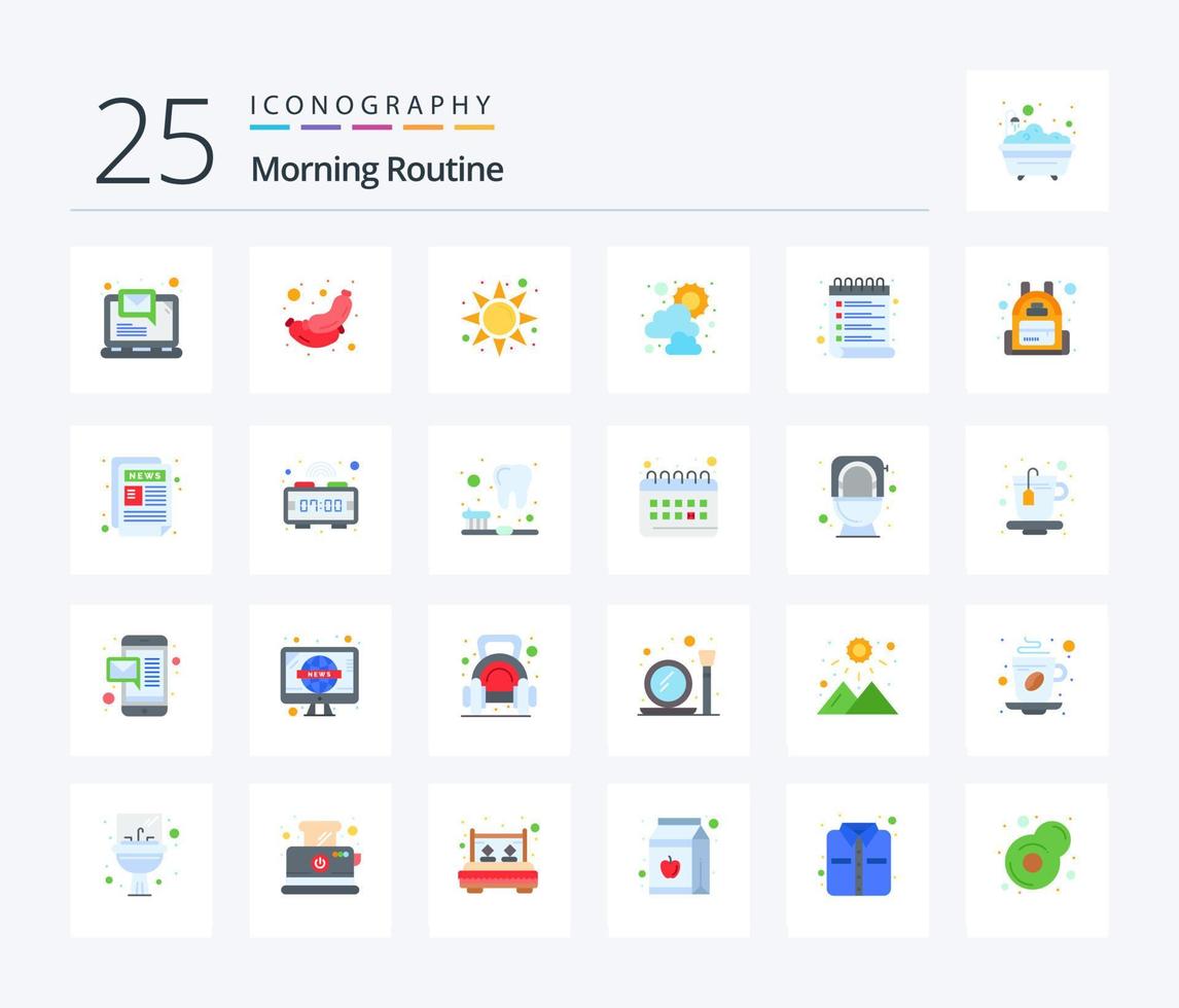 Morning Routine 25 Flat Color icon pack including check list. schedule. morning. list. sunny vector